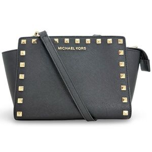 Michael Kors Selma Studded Medium Crossbody Black Saffiano Leather Gold Stud